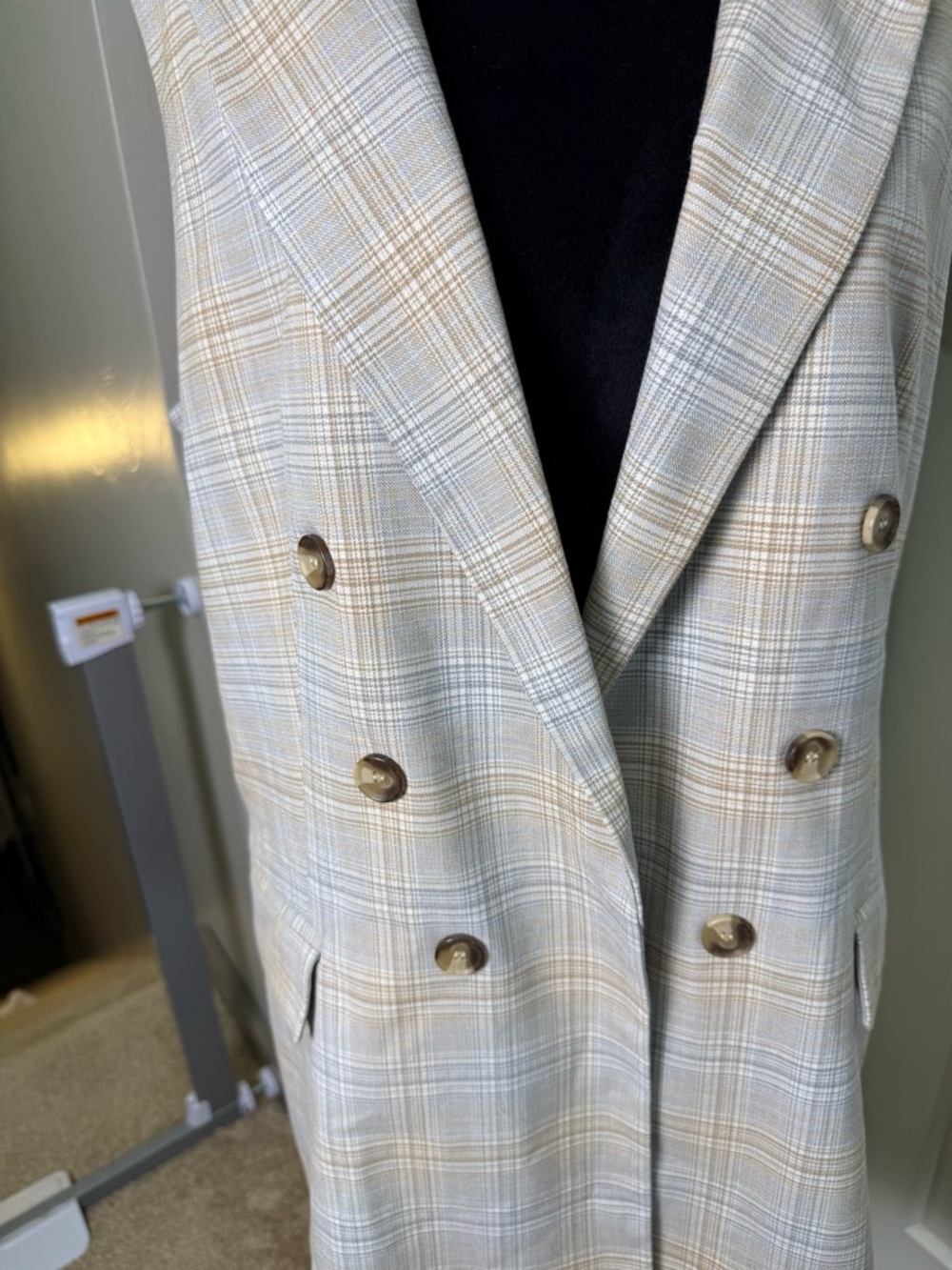 Rachel Zoe Breasted Blazer Vest Plaid Blue Tan Neutral Sleeveless Open Front L - Picture 2 of 7